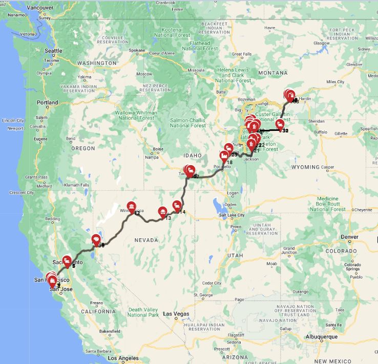 Map for San Francisco to Billings - Incl Yellowstone - The Great Frontier Odyssey